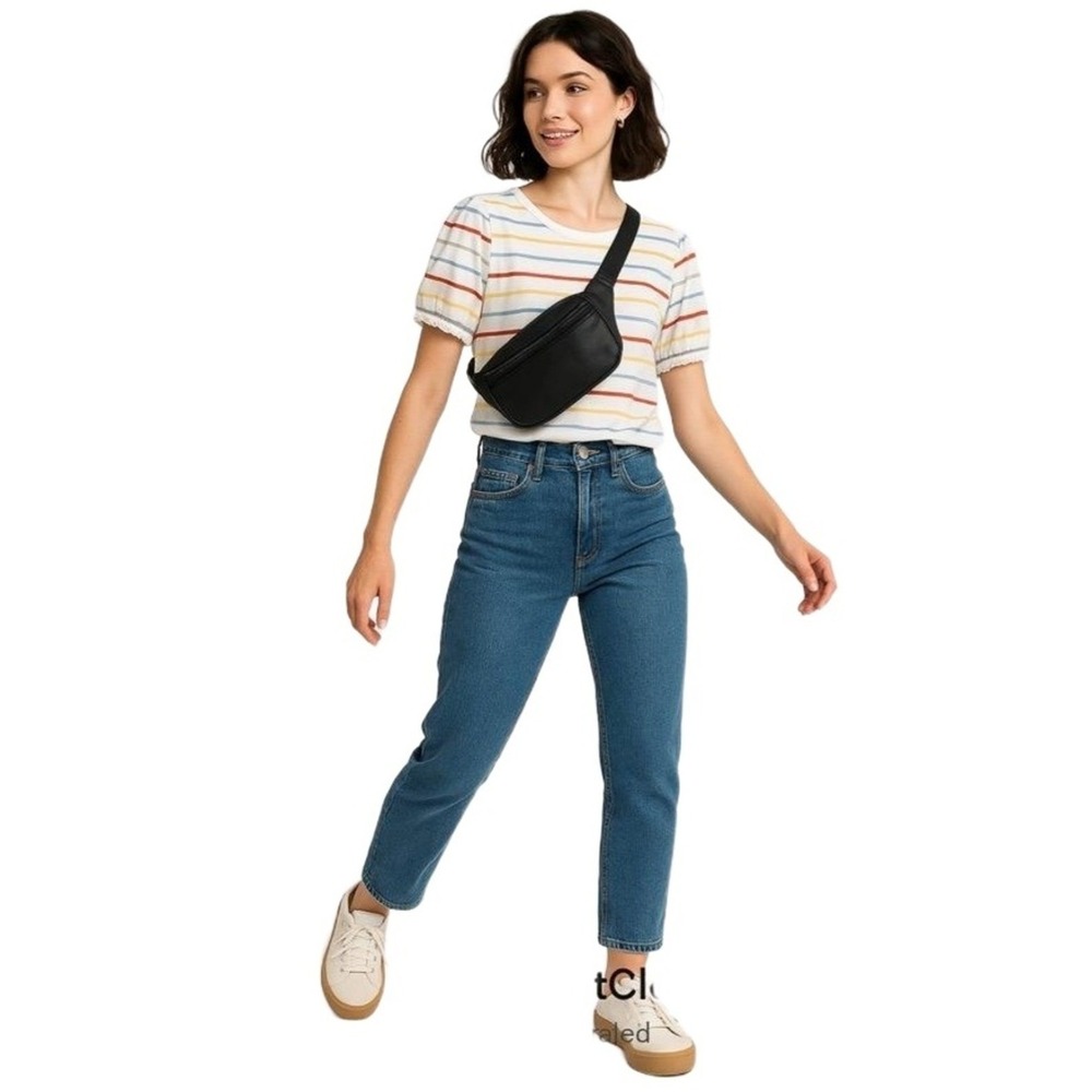 Downeast Multi-Color Stripe Puff Sleeve Tee Y2K Large